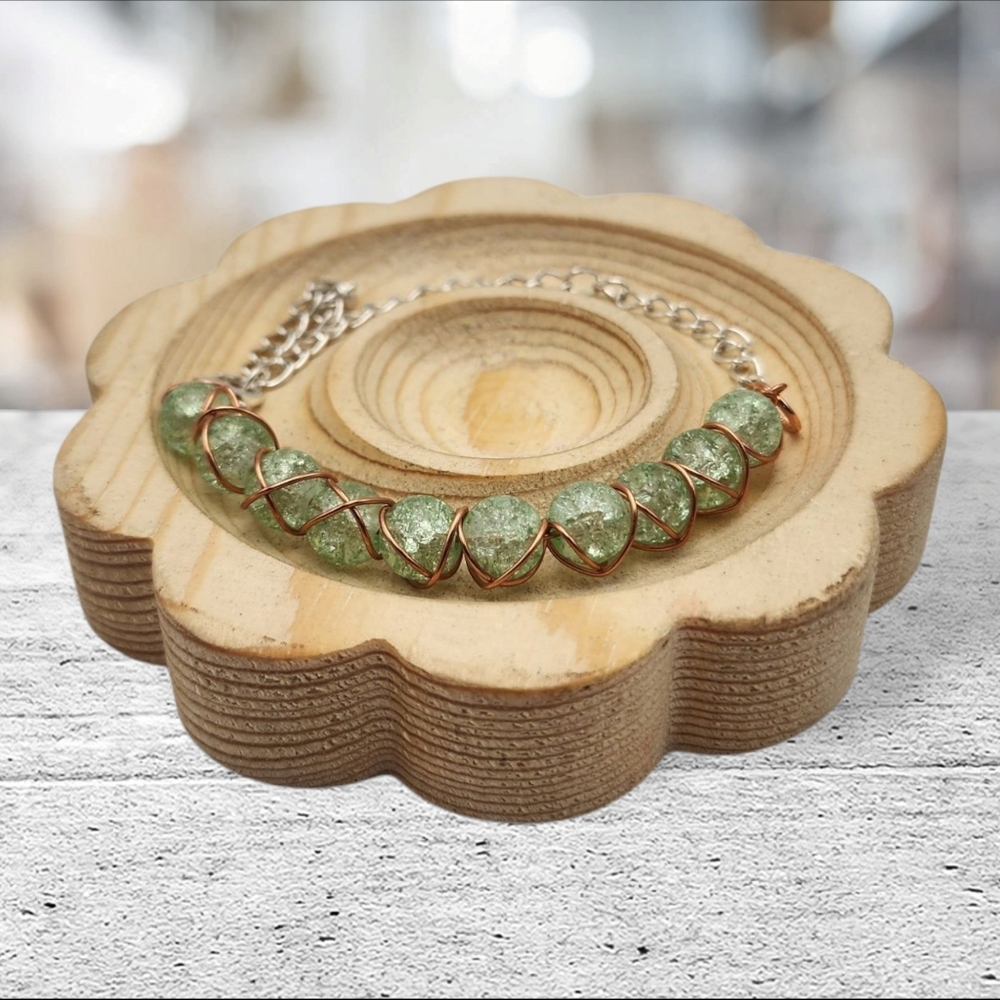 Handmade Wire-wrapped Adjustable Green Beaded Bracelet